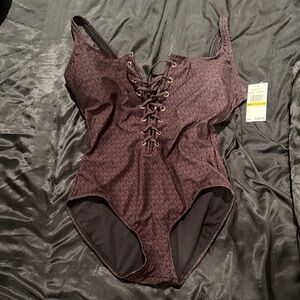 Michael Kors Burgundy Lace-Up Swim Bodysuit